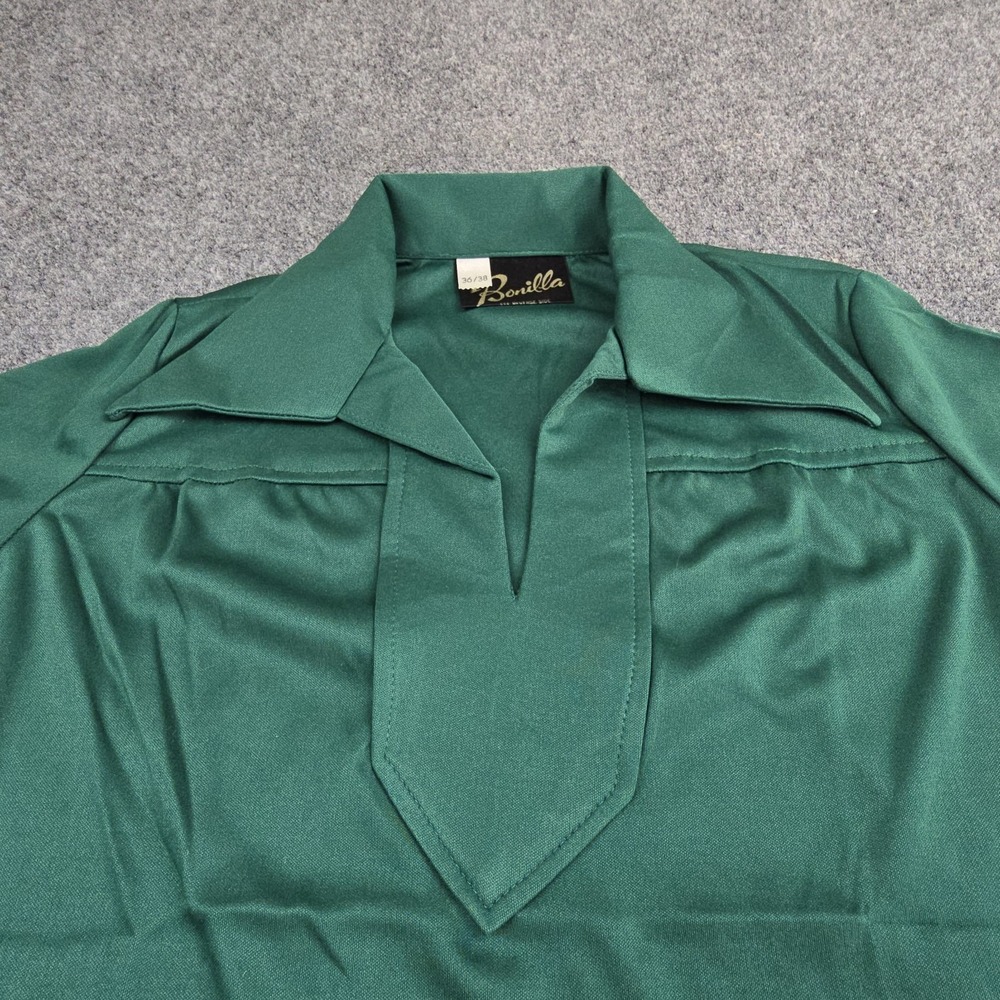 Bonilla Bowling Shirt Vintage 70s‎ Mens 36/38 Green USA NOS Big Pointed Collar - Picture 3 of 9